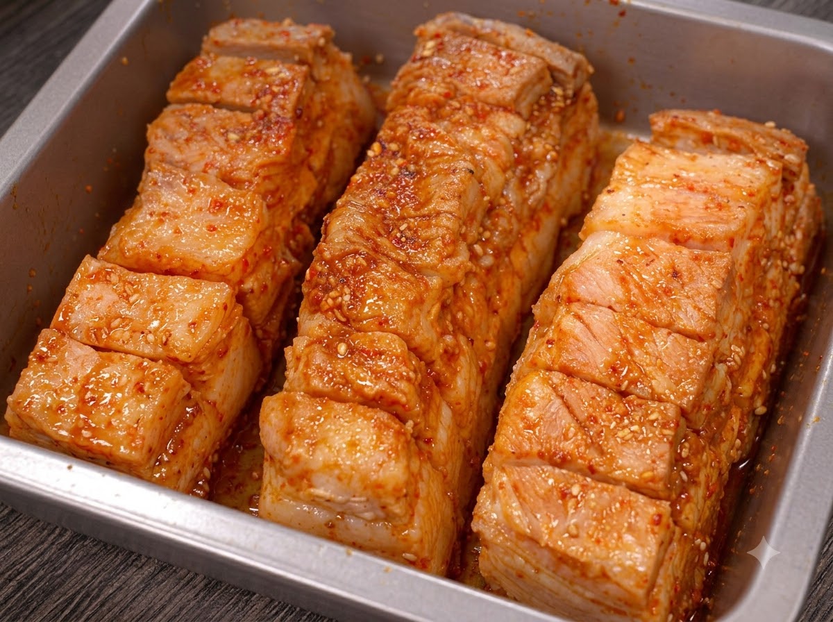 Gewürzte Schweinebauchstreifen fest in Alufolie eingewickelt.