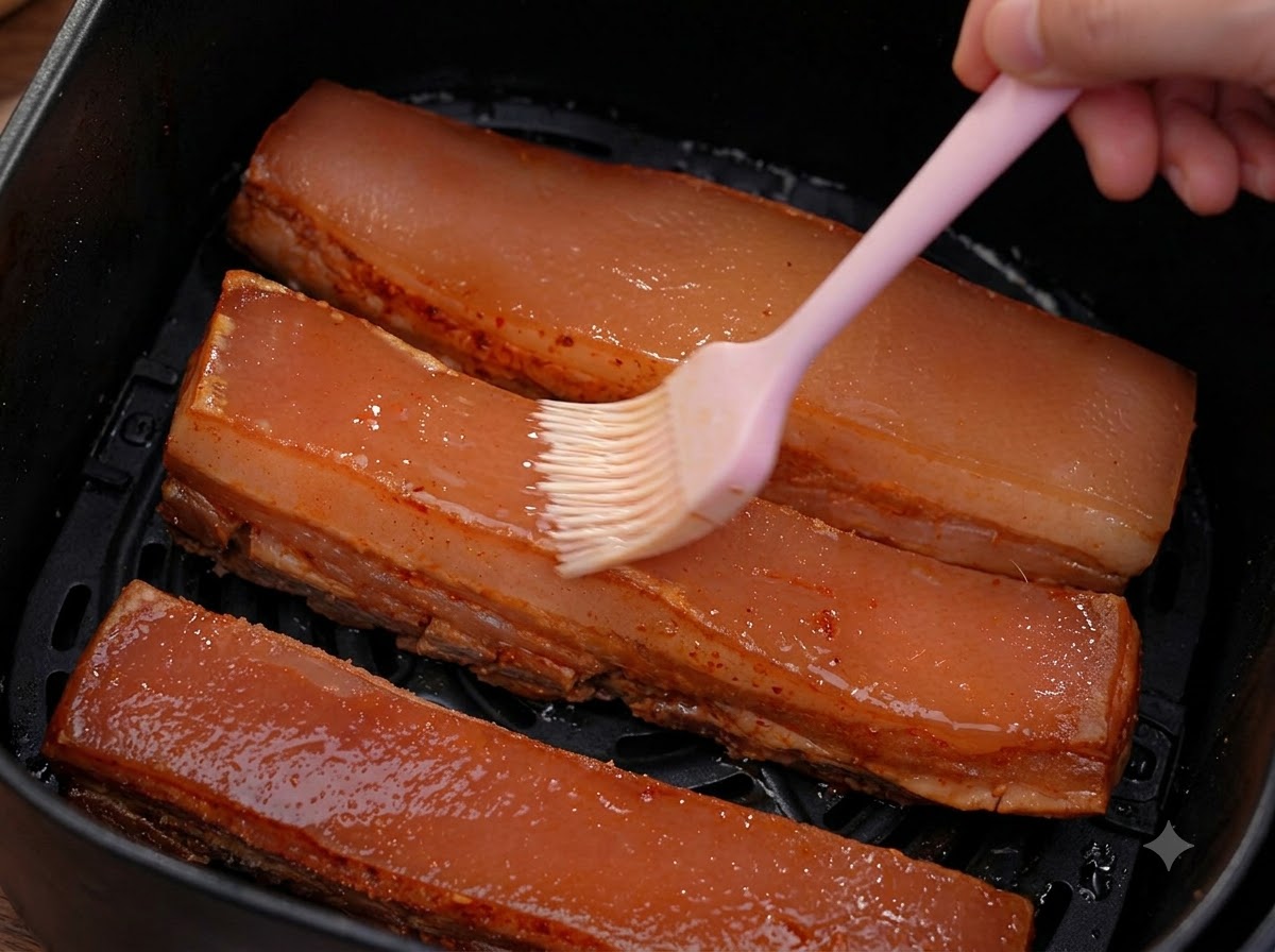 Der Schweinebauch ohne Salz wird im Air-Fryer-Korb erneut mit weißem Essig bestrichen.