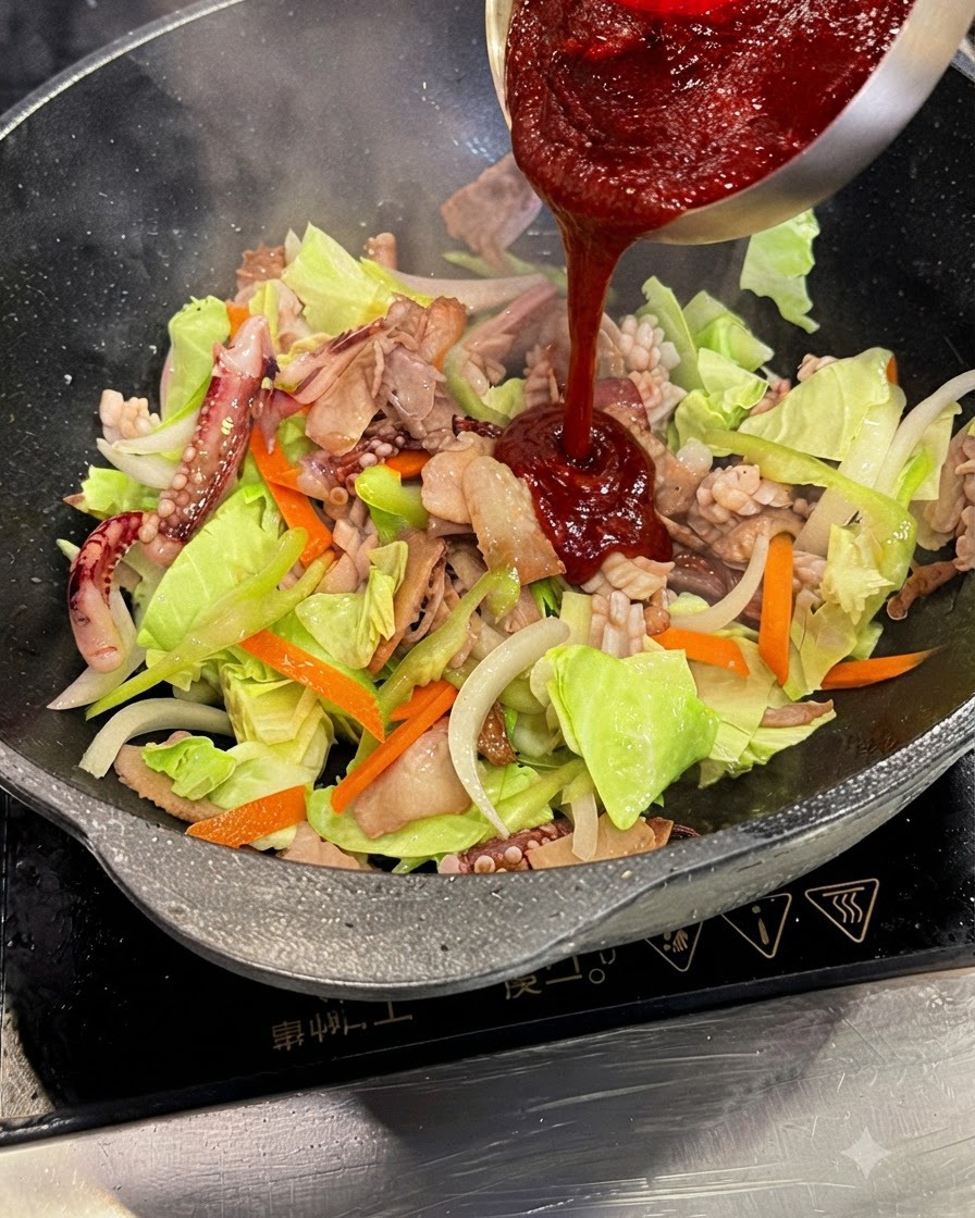 Dicke rote Tintenfisch-Pfannensauce wird aus einer Stahlschüssel in den Wok gegossen.