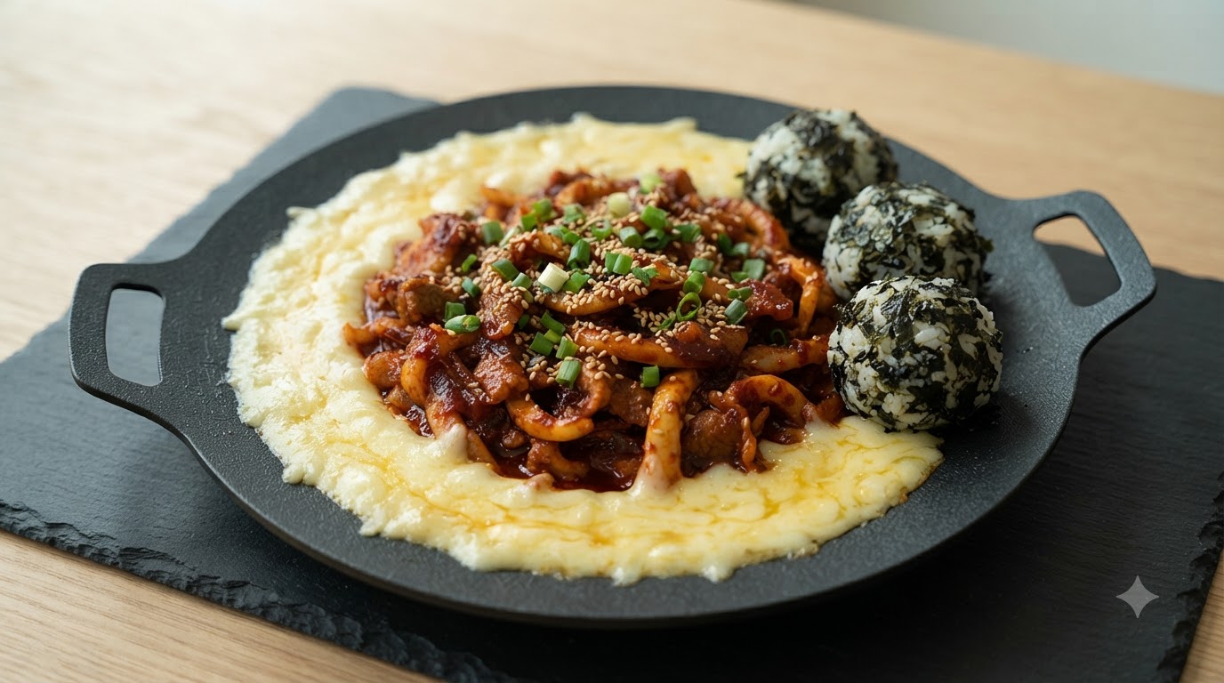 Koreanischer Käse-Tintenfisch mit Schweinebauch (Ojingeo Samgyeopsal)