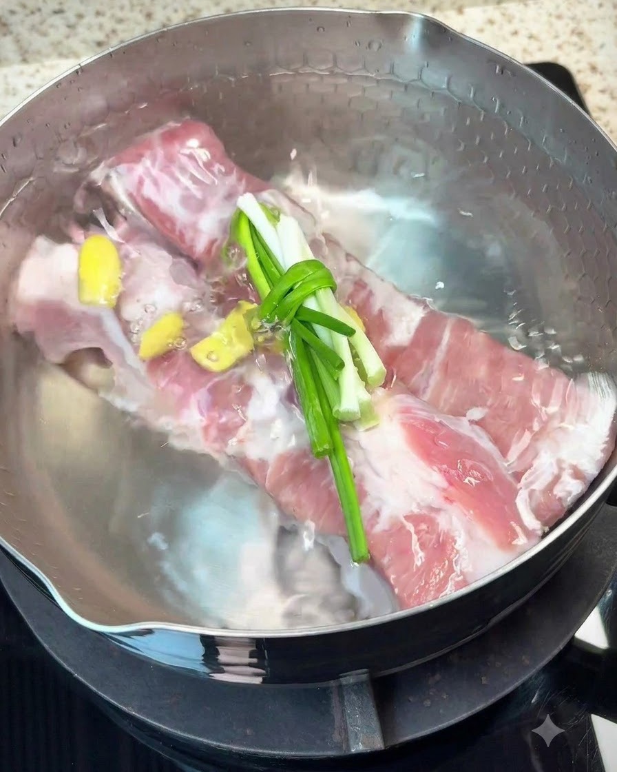 Schweinebauchstücke kochen in einem Topf mit Aromen wie Ingwer, Frühlingszwiebeln und Gewürzen.