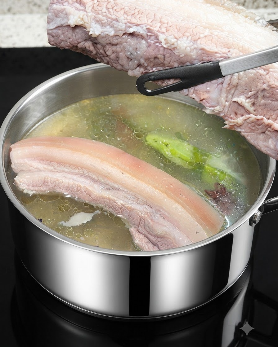 Gekochter Schweinebauch wird in Abschnitte geschnitten, wobei die Haut an der Unterseite intakt bleibt.