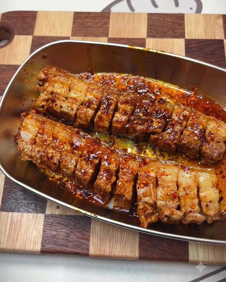 Eine handgeschützte Hand massiert die Marinade in den geschnittenen Schweinebauch ein.