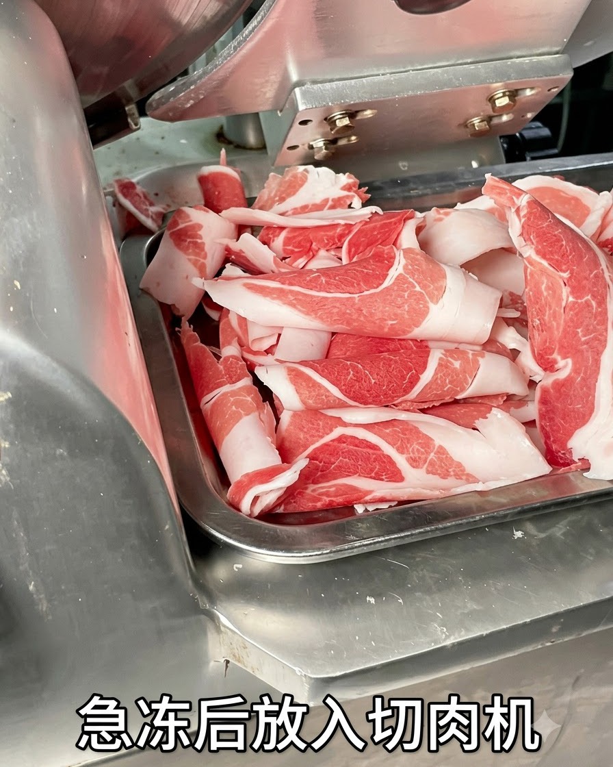 Dünne und gleichmäßige Schweinebauchscheiben kommen nach dem Gefrieren von einer Aufschnittmaschine.