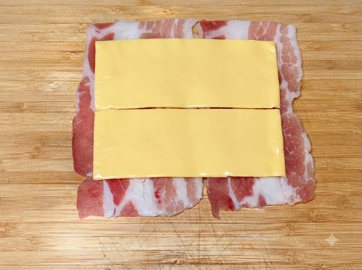 Quadratische Käsescheiben flach ausgelegt auf überlappenden, dünnen Schweinebauchscheiben auf einem Holzbrett.
