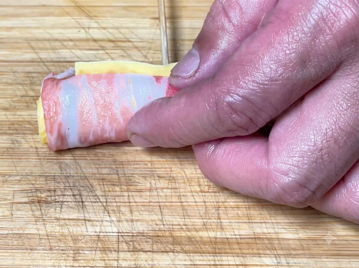 Hände rollen die Schweinebauchschichten auf und sichern die Zylinderform mit Bambusspießen.