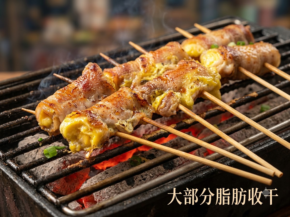 Kreuzkümmelpulver und Gewürze werden auf auf dem Grill zischende Fleischrollen gestreut, während Fett austritt.