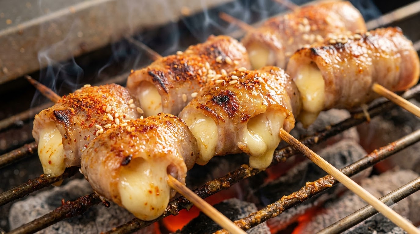 Nahaufnahme von aufgespießten Garnelenpaste-Käse-Rollen, die über Holzkohle grillen und mit Sesamsamen und Chiliflocken garniert sindcite: 1.