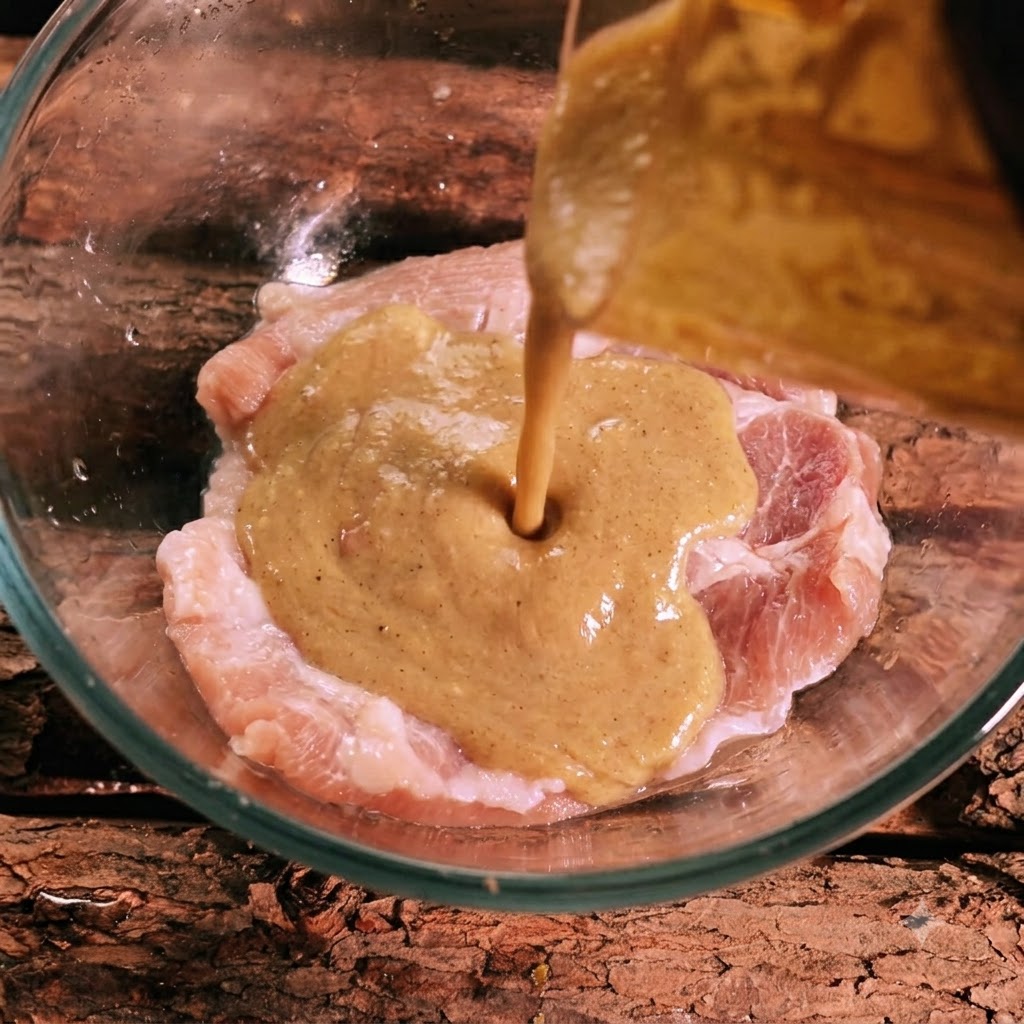 Dickflüssige Marinade wird aus einem Behälter über rohes Schweinefleisch in einer Glas Schüssel gegossen.