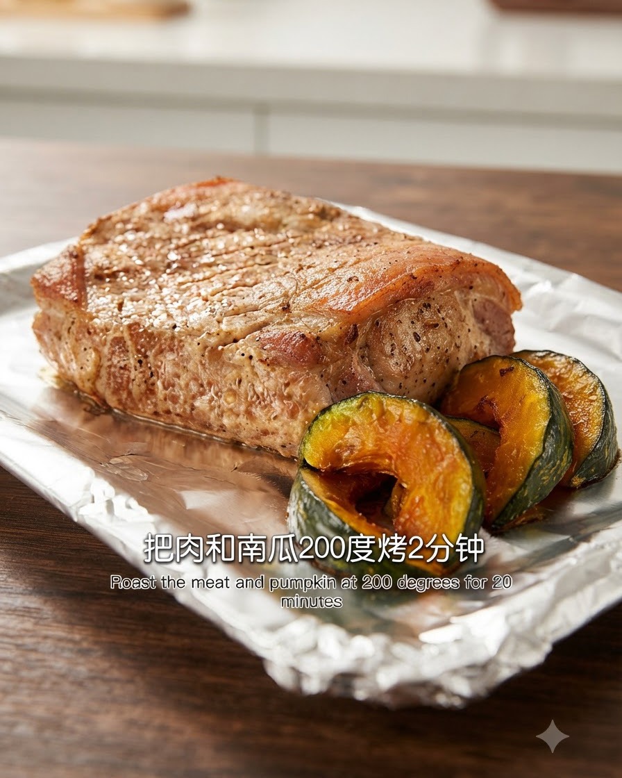 Mariniertes Schweinefleisch und Kürbisscheiben auf Alufolie auf einem Backblech.