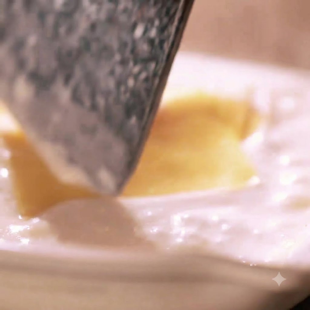 Käsescheiben werden in eine cremige weiße Sauce in einer Pfanne gegeben.