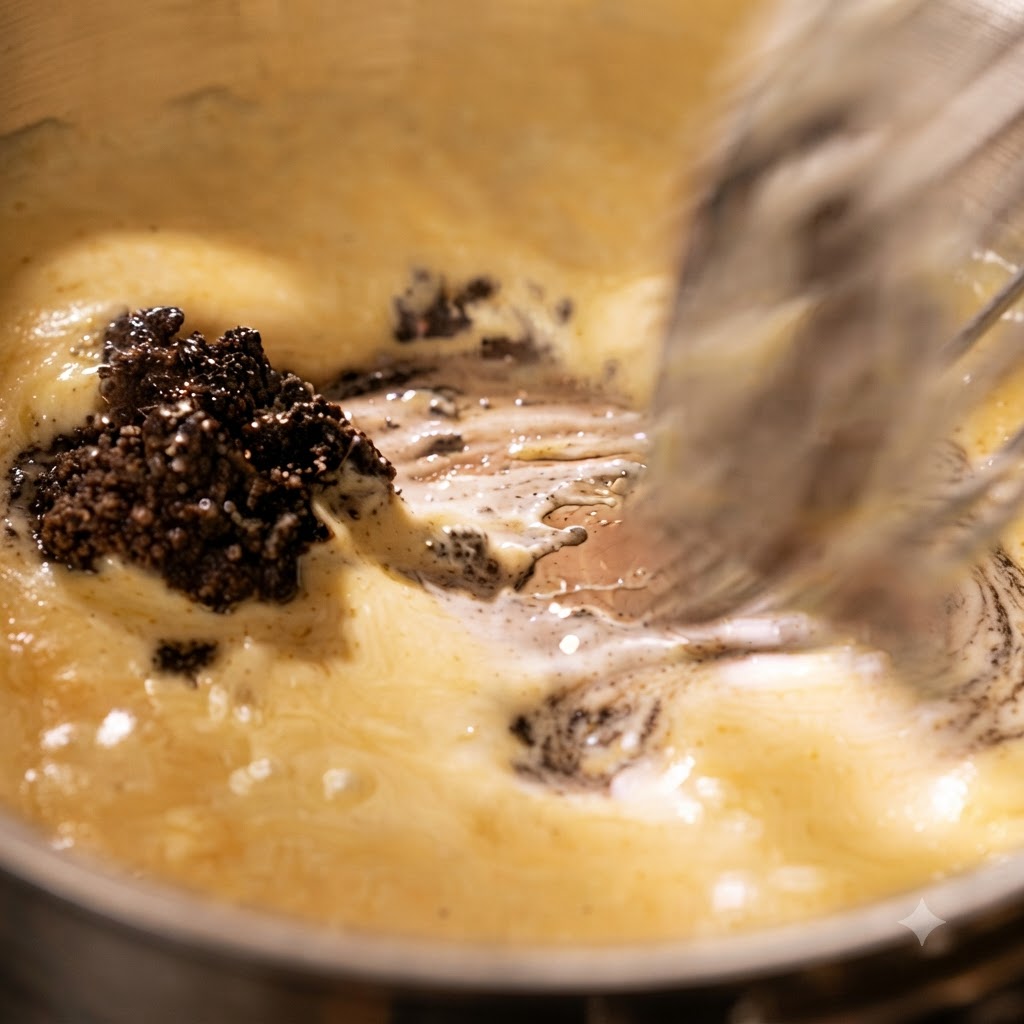 Ein Löffel dunkle Trüffelsauce wird mit einem Schneebesen in eine Pfanne mit blubbernder Käsesauce gerührt.