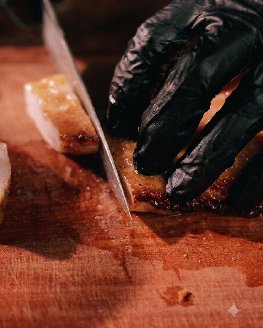 Eine Person mit schwarzen Handschuhen schneidet mit einem scharfen Messer ein geröstetes Stück Schweinenacken auf einem Holzschneidebrett.