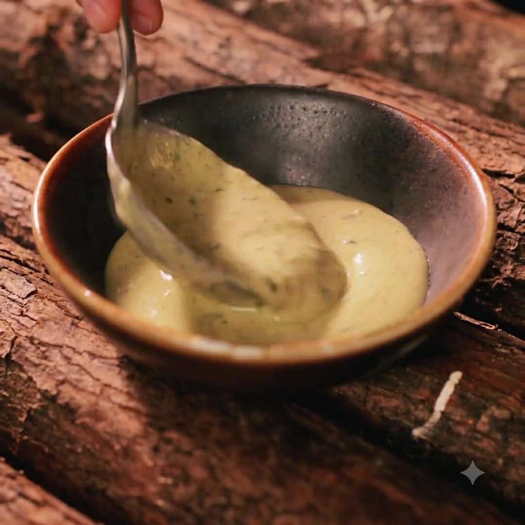 Eine Kelle schöpft cremige gelbe Trüffel-Käse-Sauce in eine kleine dunkle Keramikschüssel vor einem Holzstamm-Hintergrund.