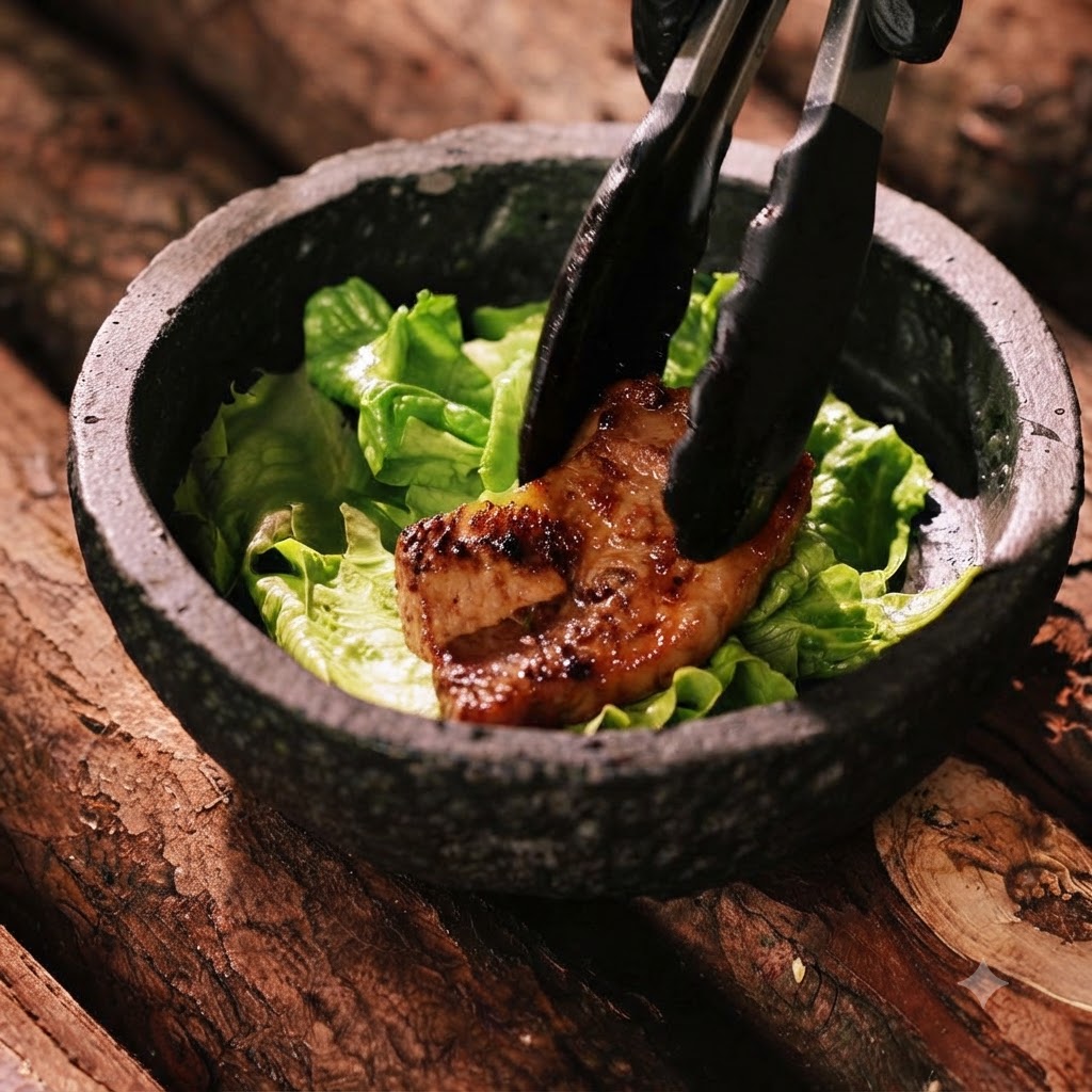 Schwarze Zangen platzieren ein Stück gekochtes Schweinefleisch auf ein Bett aus frischem grünem Salat in einer schwarzen Steinschüssel.