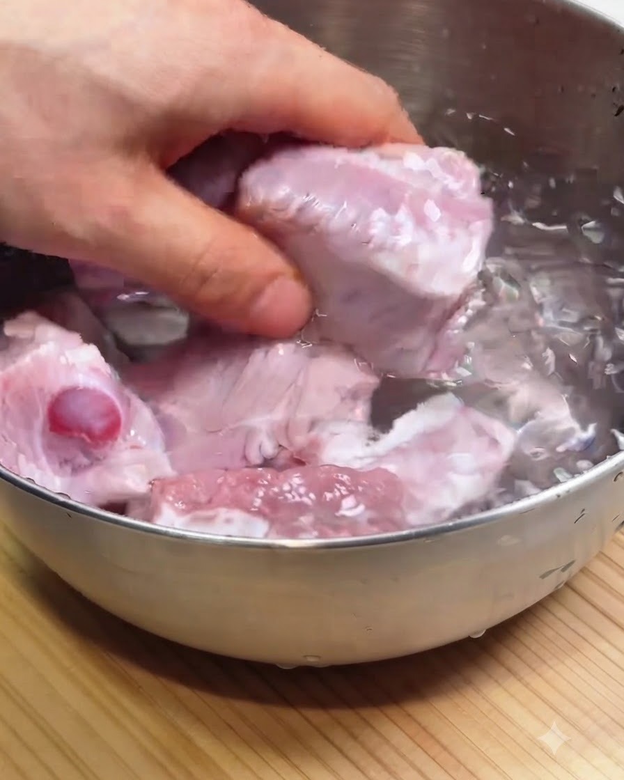 Schweinerippchen werden in einer mit Wasser gefüllten Edelstahlschüssel abgespült.