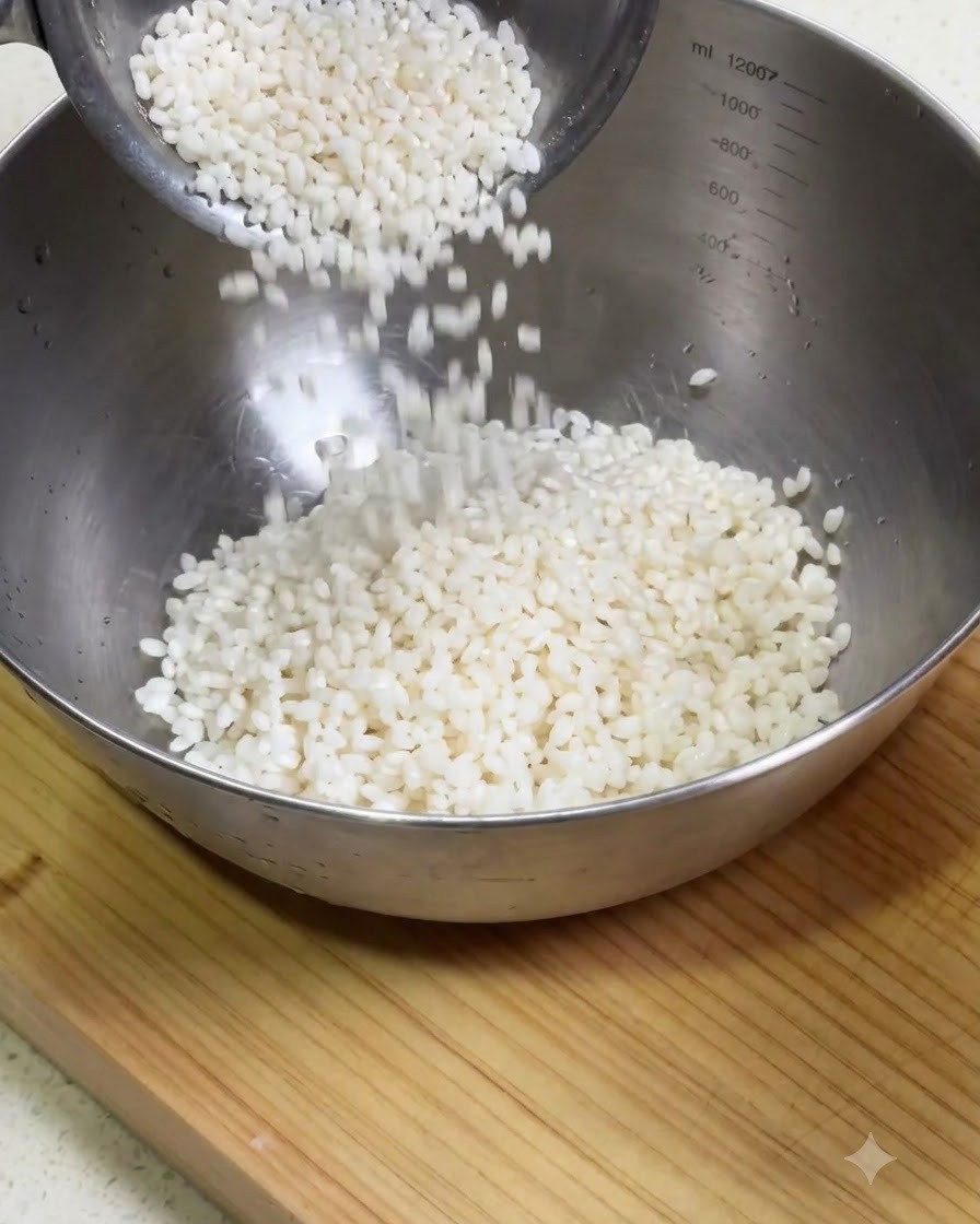 Klebreis wird in eine Schüssel gefüllt, um mit chinesischer Wurst und Shiitake-Pilzen vermischt zu werden.