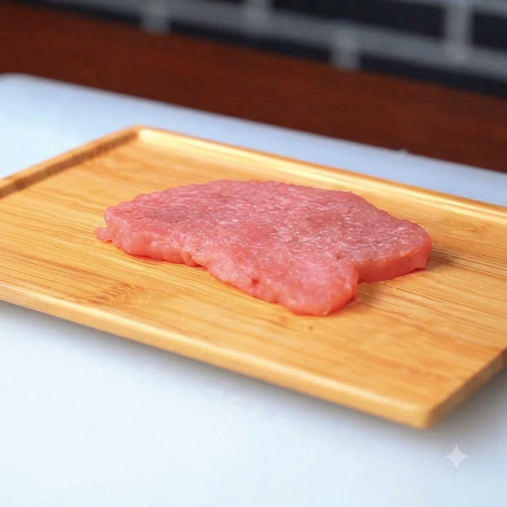 Ein rohes Schweineschnitzel liegt auf einem Holzbrett, nachdem es mit Mehl bestäubt wurde.