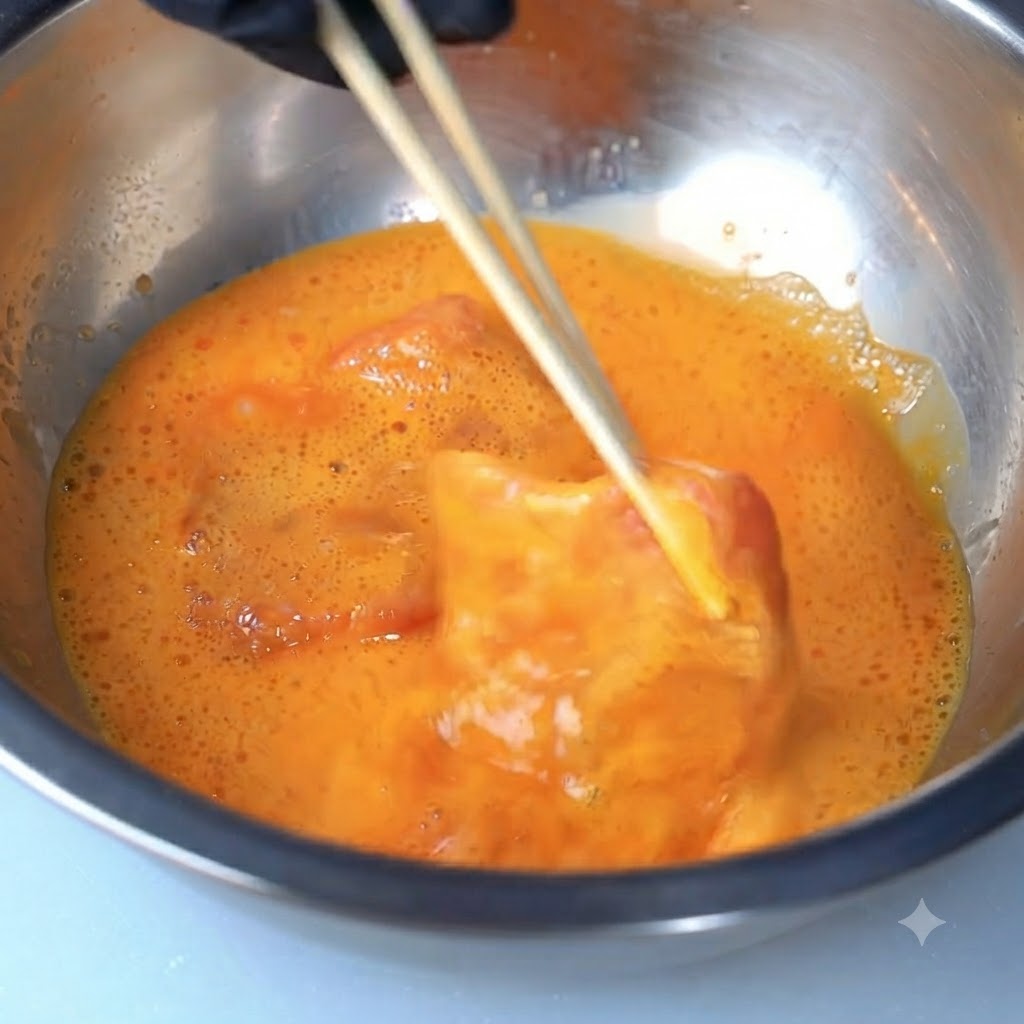 Ein mehlaliertes Schweinestück wird mit Stäbchen in eine Schüssel mit orangefarbener Eiermischung getaucht.