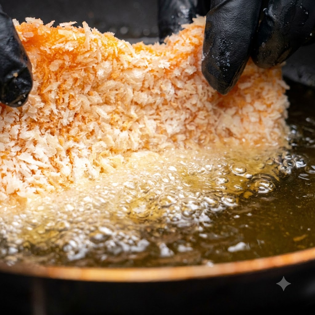 Ein paniertes Schweineschnitzel wird in eine Pfanne mit blubbernd heißem Speiseöl gelassen.