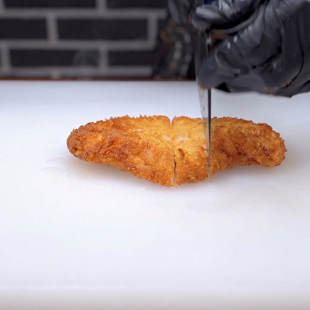 Ein knuspriges, goldbraunes frittiertes Schweineschnitzel wird auf einem weißen Schneidebrett in Streifen geschnitten.