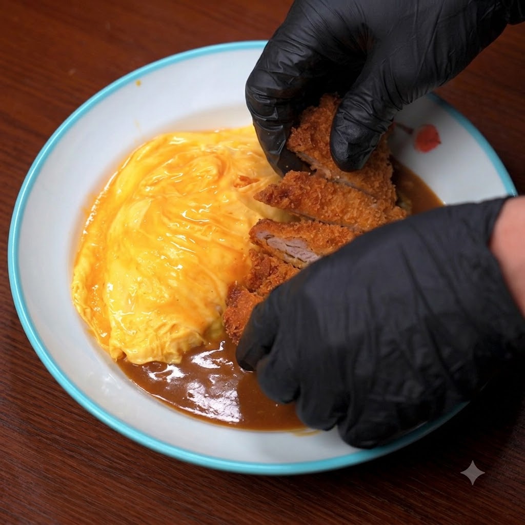 Ein paar be handschuhte Hände legen geschnittenes knuspriges Schweineschnitzel auf ein Curryreisgericht mit Omelett.