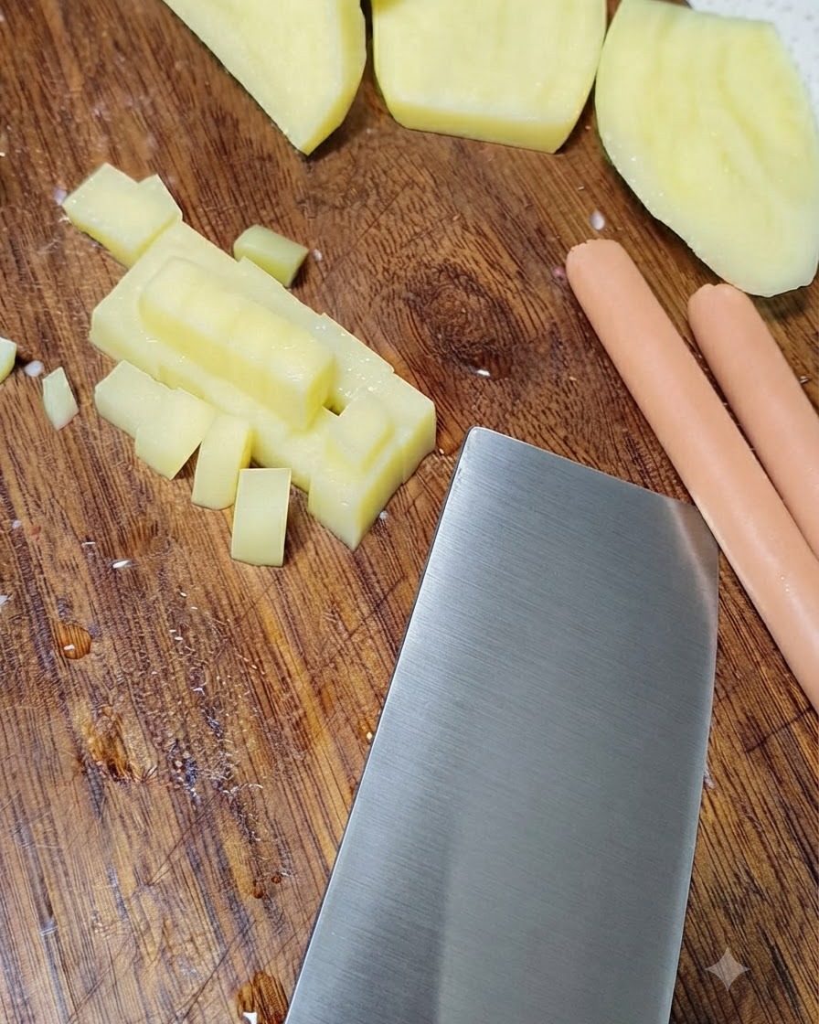 Rohe Kartoffeln werden auf einem Holzschneidebrett neben Würsten in kleine Würfel geschnitten.