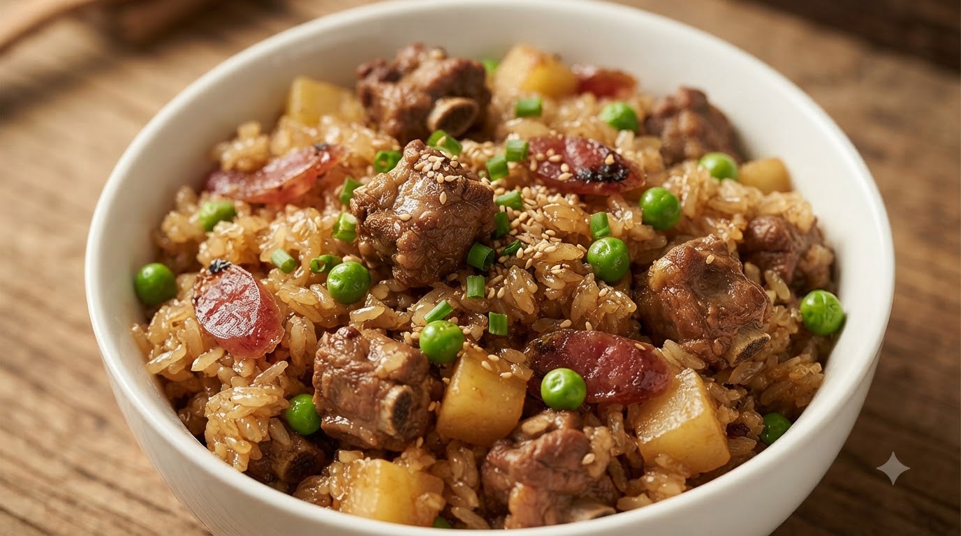 Schweinerippchen mit Kartoffeln und Klebreis aus dem Topf