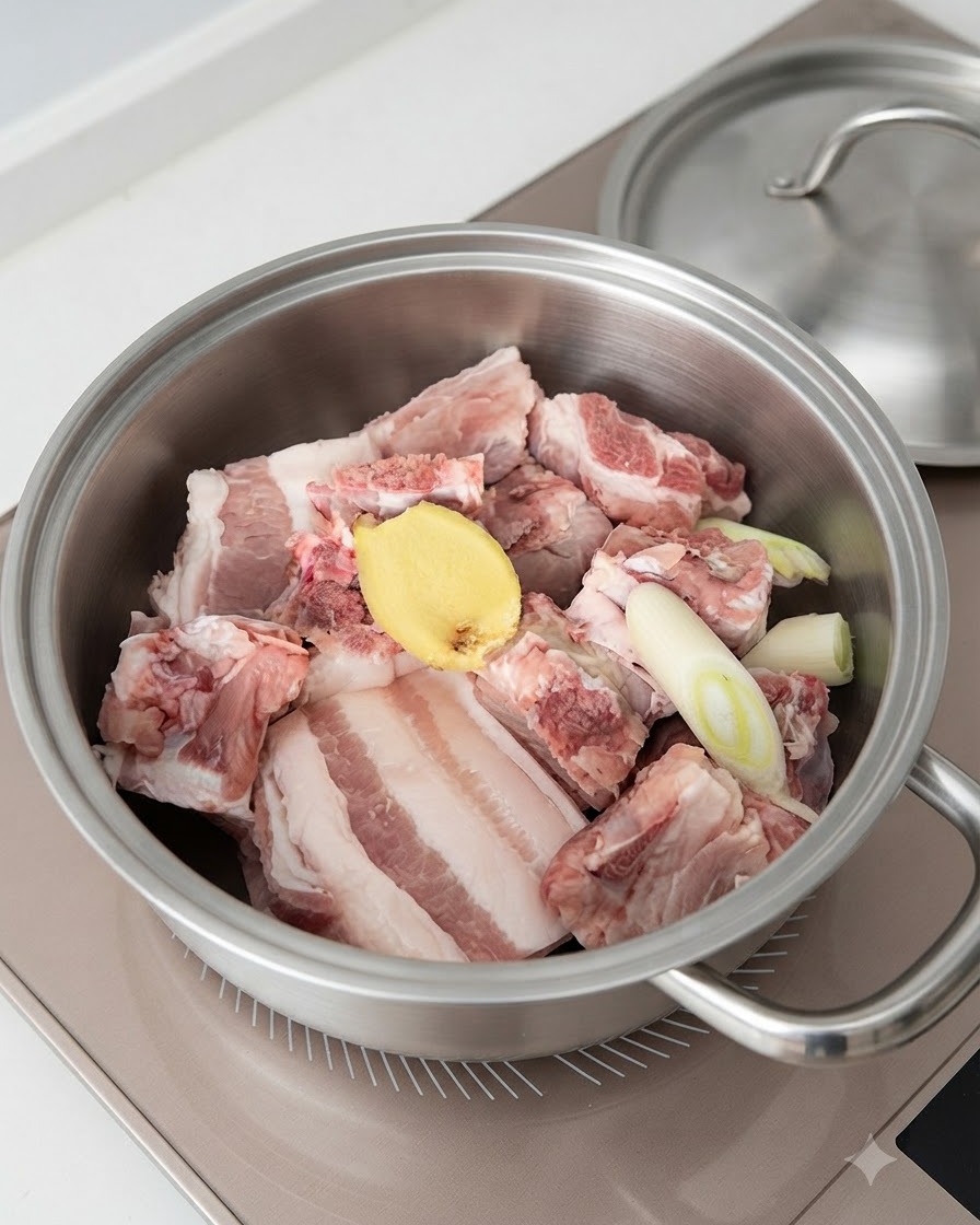 Ein Metalltopf gefüllt mit Schweinerippchen, Ingwerscheiben, Frühlingszwiebeln und Flüssigkeit, bereit zum Blanchieren.