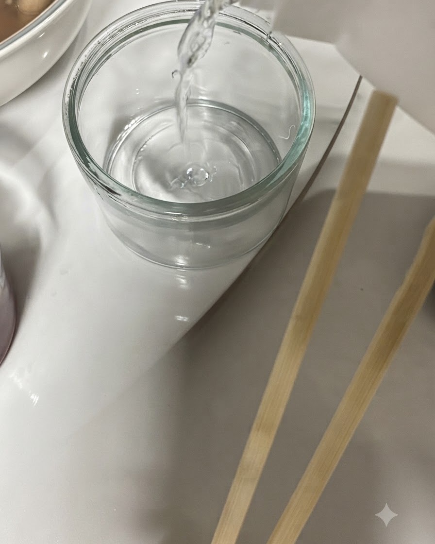 Klarer Schnaps wird aus einer Flasche in ein kleines Glas neben einer Schüssel Suppe und Reis gegossen.