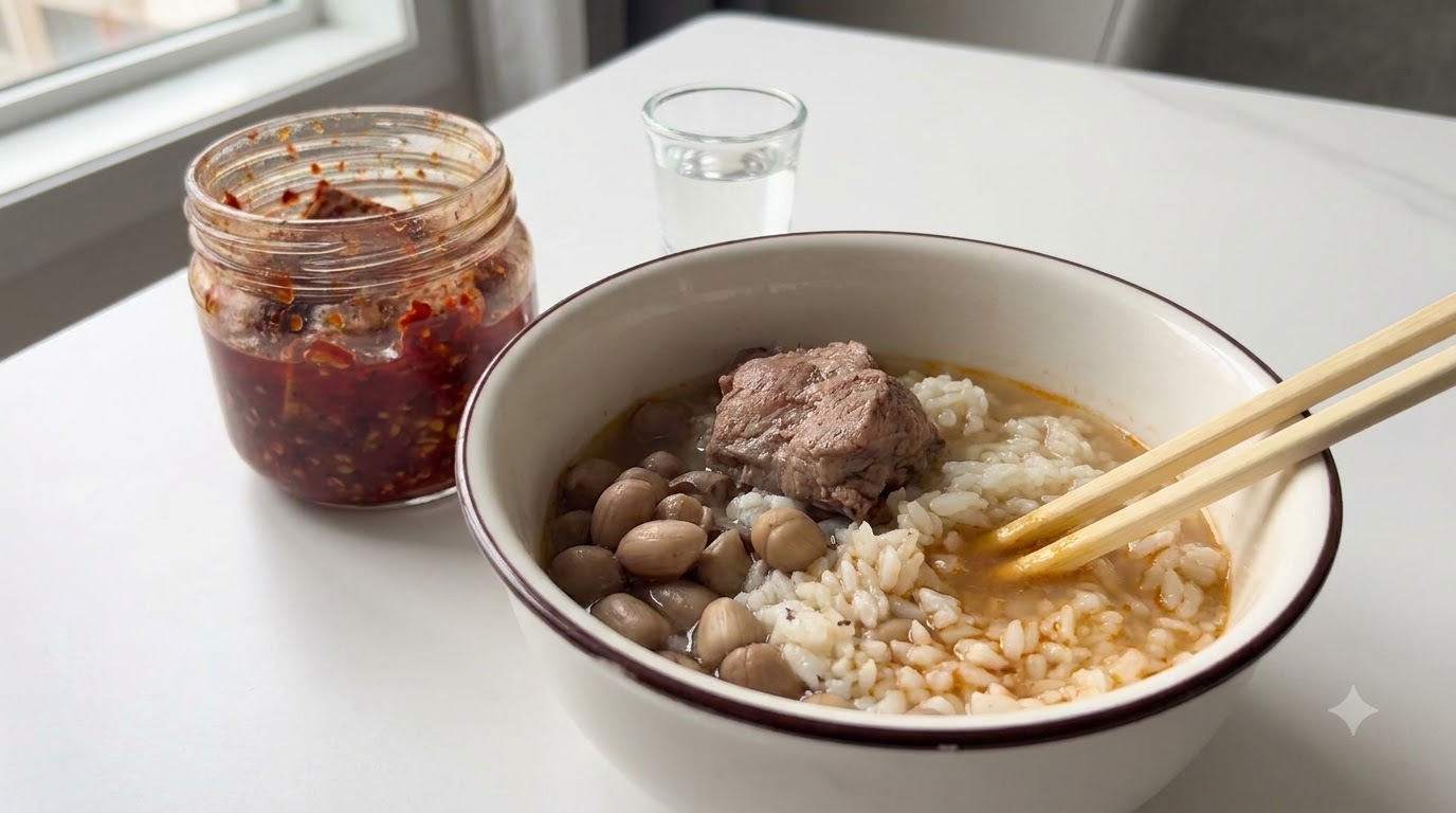Hausgemachte Erdnuss-Schweinerippchen-Reissuppe