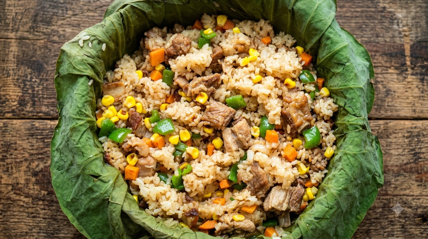 In Lotusblättern gedämpfter Reis mit Schweinerippchen und Gemüse