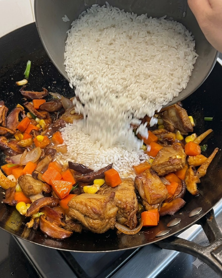 Weißer, eingeweichter Reis wird aus einer Schüssel in die Wok-Mischung geschüttet.