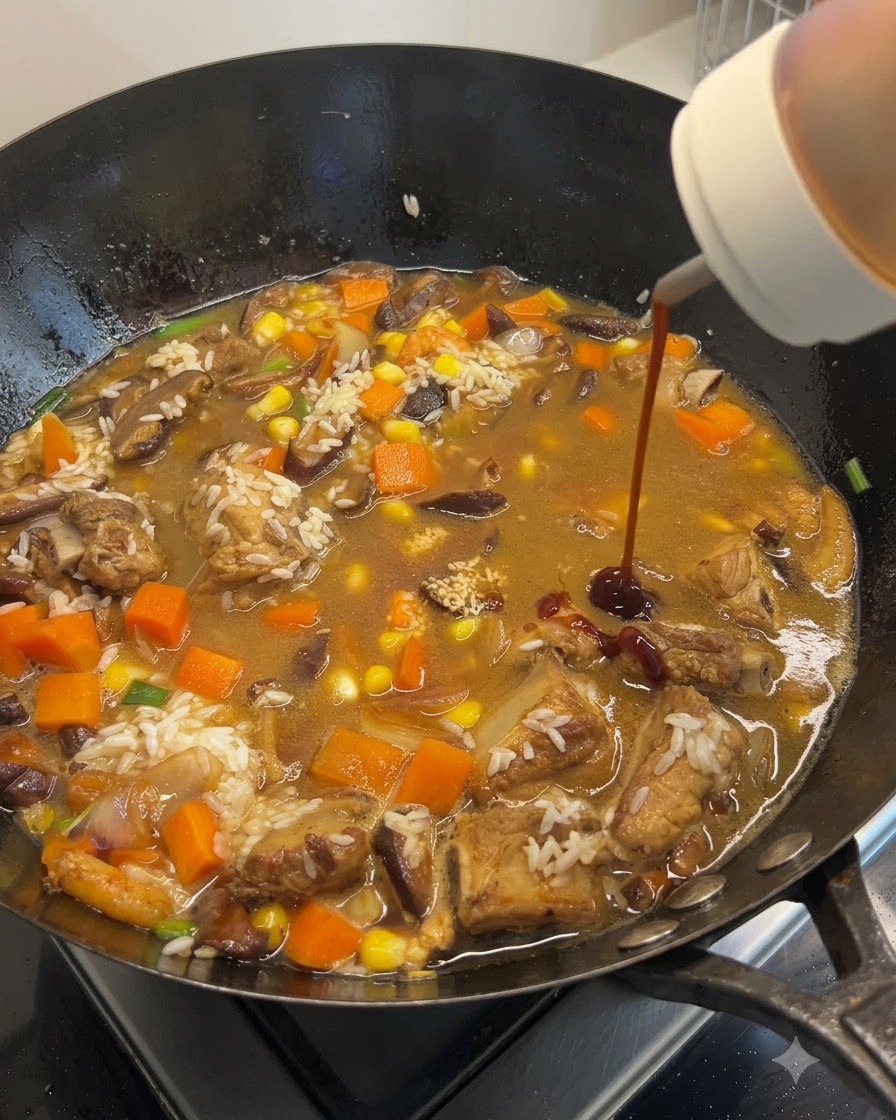 Saucen und Gewürze werden in den mit Reis, Fleisch und Gemüse gefüllten Wok gegeben.