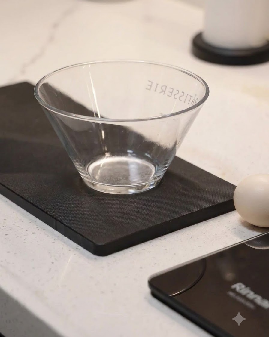 Eine leere Rührschüssel aus Glas steht auf einer schwarzen Matte neben einem Ei.
