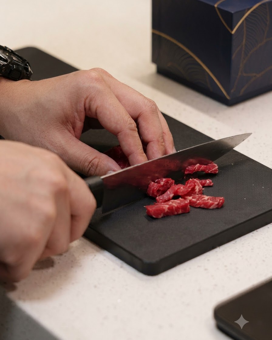 Rindfleisch wird auf einem schwarzen Schneidebrett sorgfältig in kleine, dünne Streifen geschnitten.