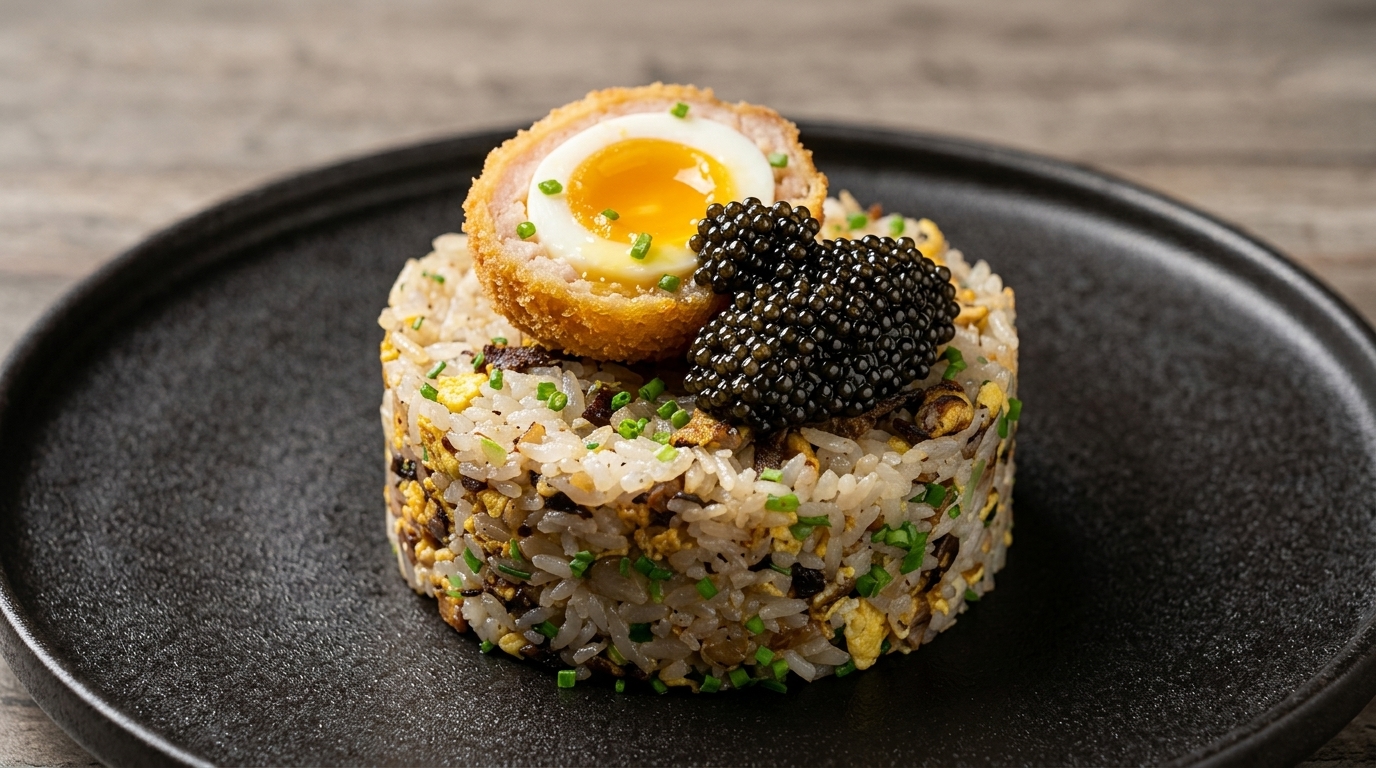 Schwarzer Trüffel Rinder-Gebratener-Reis mit Scotch Egg und Kaviar
