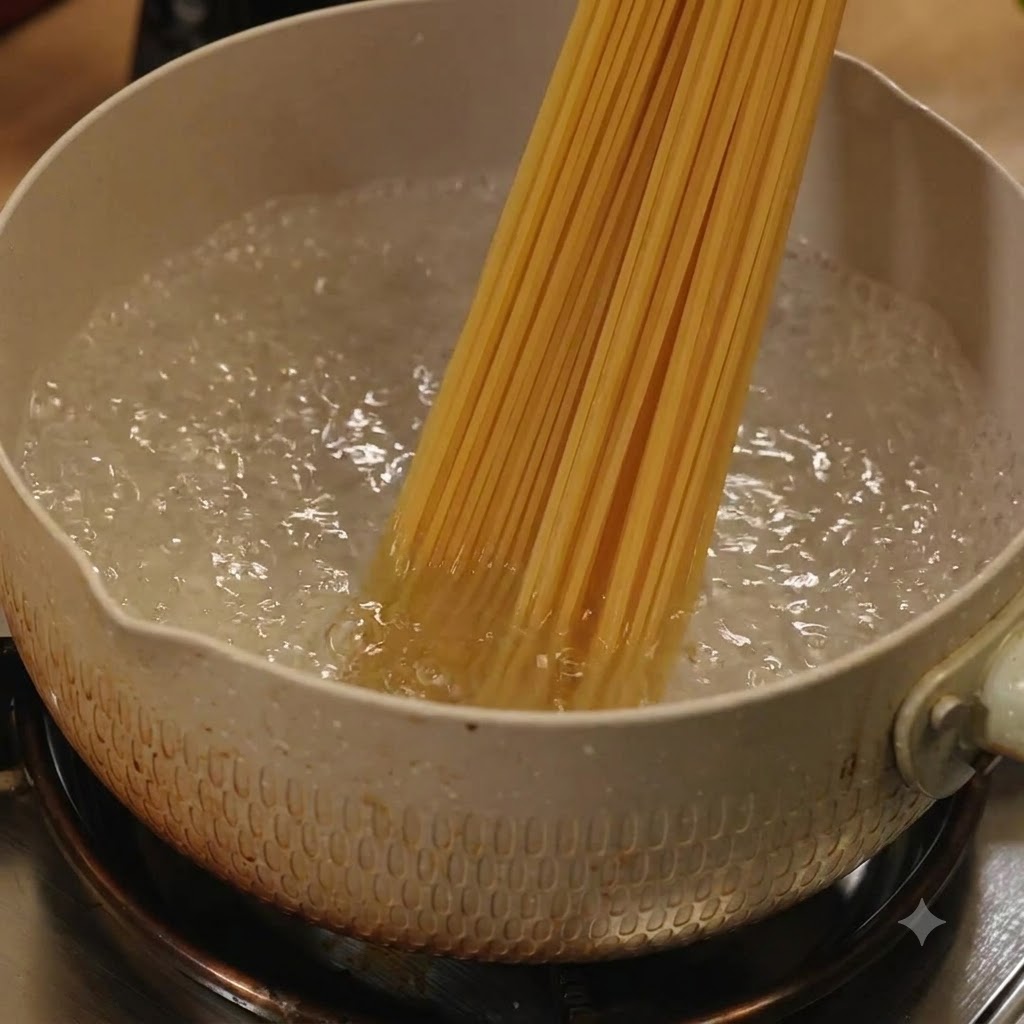 Trockene Spaghetti-Nudeln werden in einen Topf mit kochendem Wasser auf einem Herd gegeben.
