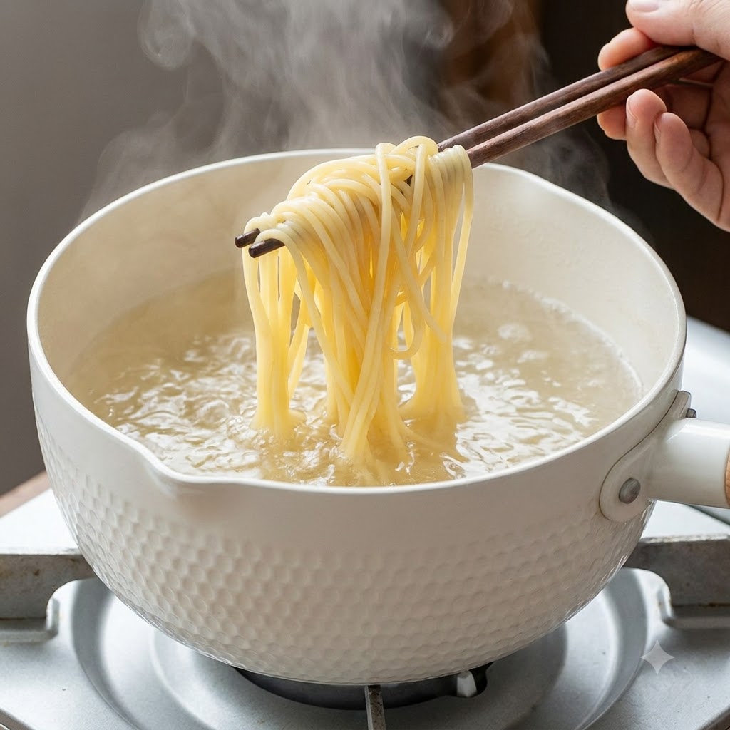 Speiseöl wird in eine heiße Bratpfanne gegossen, wobei Dampf vom Brenner aufsteigt.