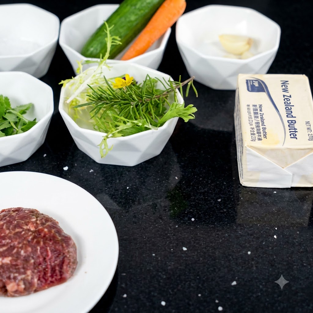 Rohes Steak auf einem weißen Teller mit Gewürzen und einem Stück Butter auf einer dunklen Oberfläche.
