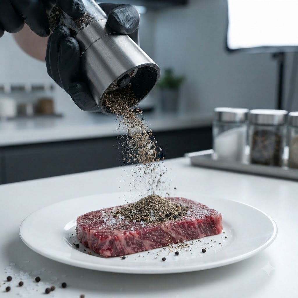 Nahaufnahme einer handschuhtragenden Hand, die schwarzem Pfeffer und Salz auf ein rohes Steak auf einem weißen Teller mahlt.