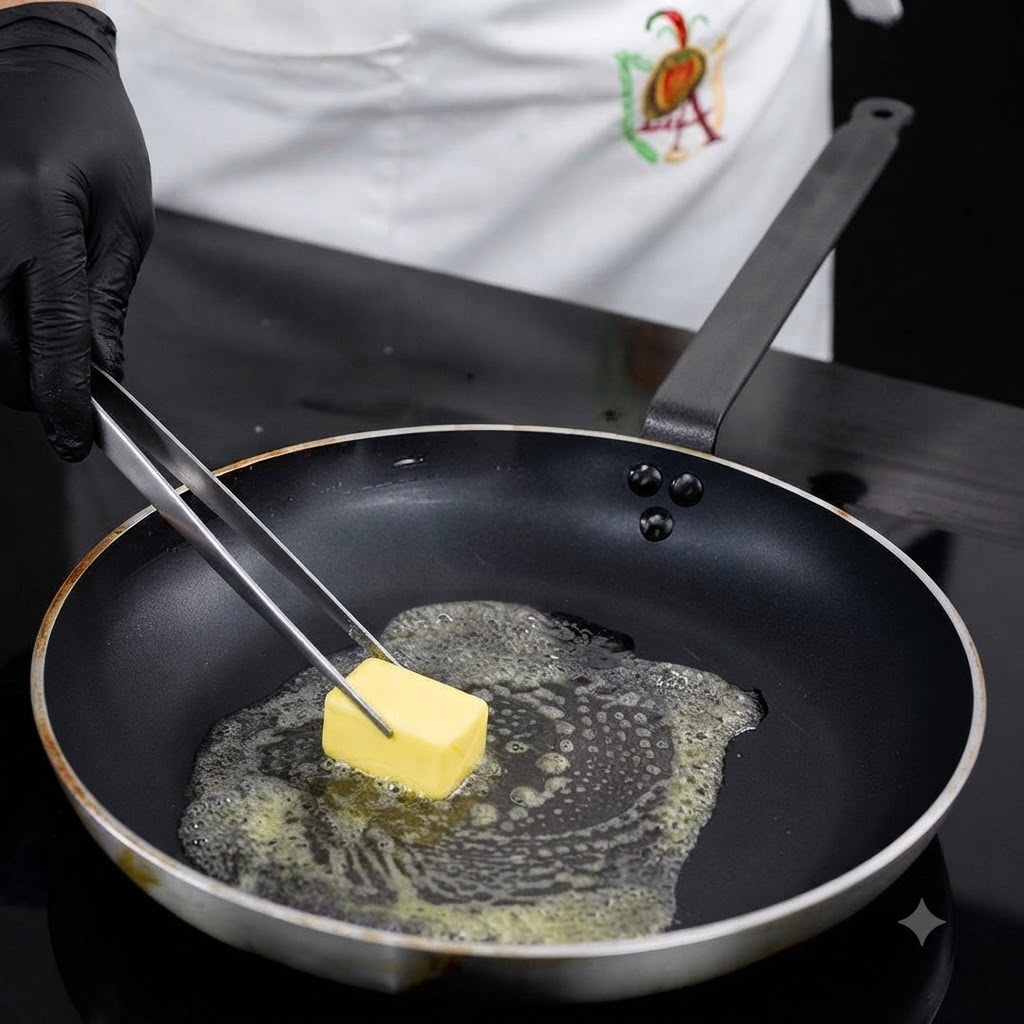 Ein Stück Butter schmilzt in einer heißen Bratpfanne mit Pflanzenöl unter Verwendung einer Zange.