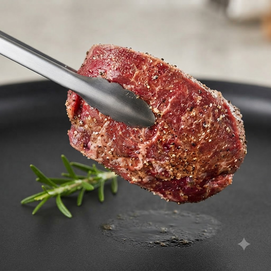 Ein gewürztes Steak wird mit einer Metallzange gehalten, daneben ein Zweig Rosmarin.