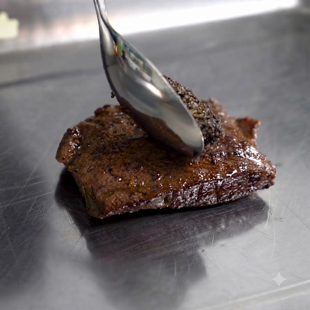 Schwarze Trüffelpaste wird mit einem Löffel auf ein gebräuntes Steak auf einem Stahltablett aufgetragen und verteilt.