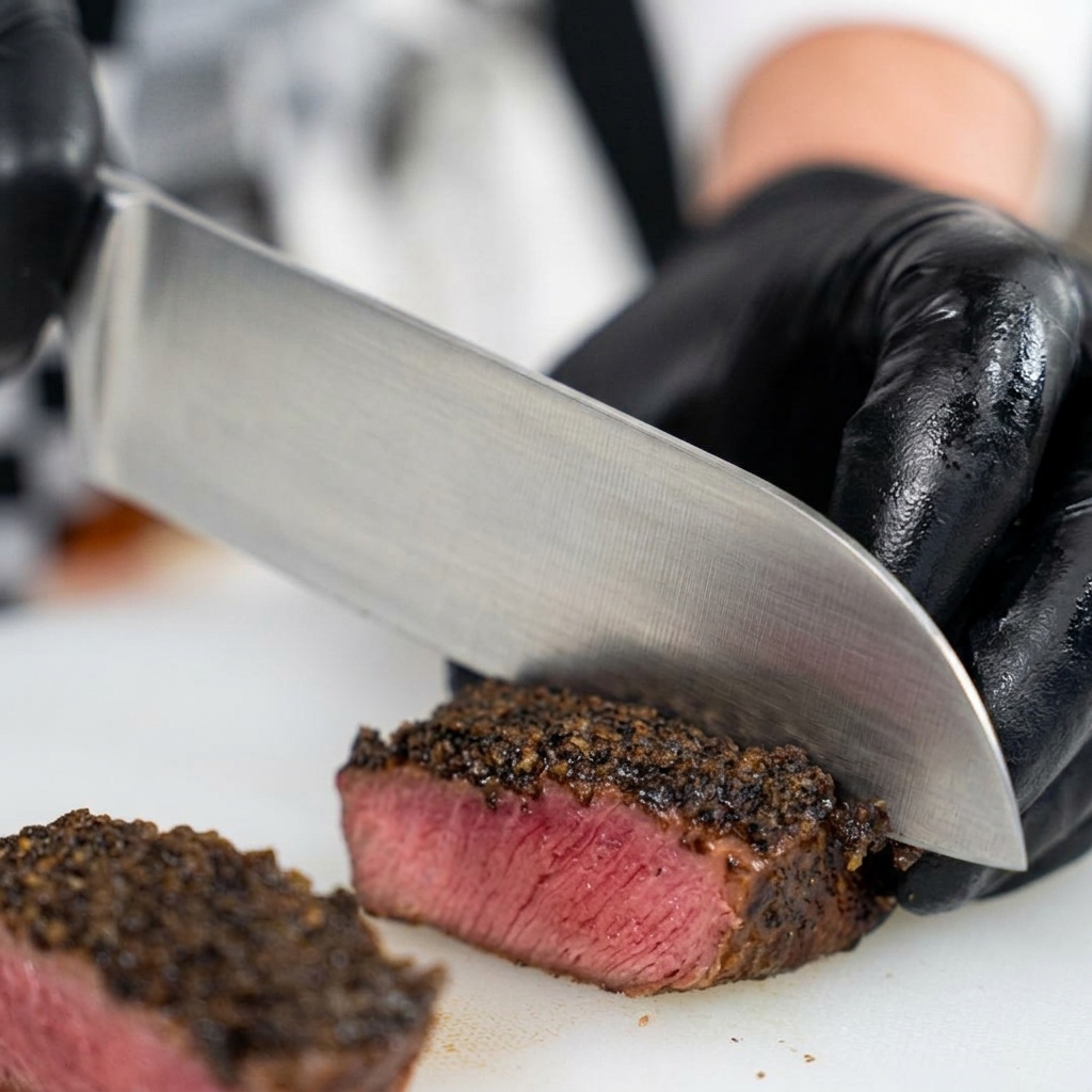 Ein Koch mit schwarzen Handschuhen schneidet ein gekochtes Steak mit dunkler Trüffelkruste in drei Stücke auf einem Schneidebrett, wobei das rosa Innere zum Vorschein kommt.