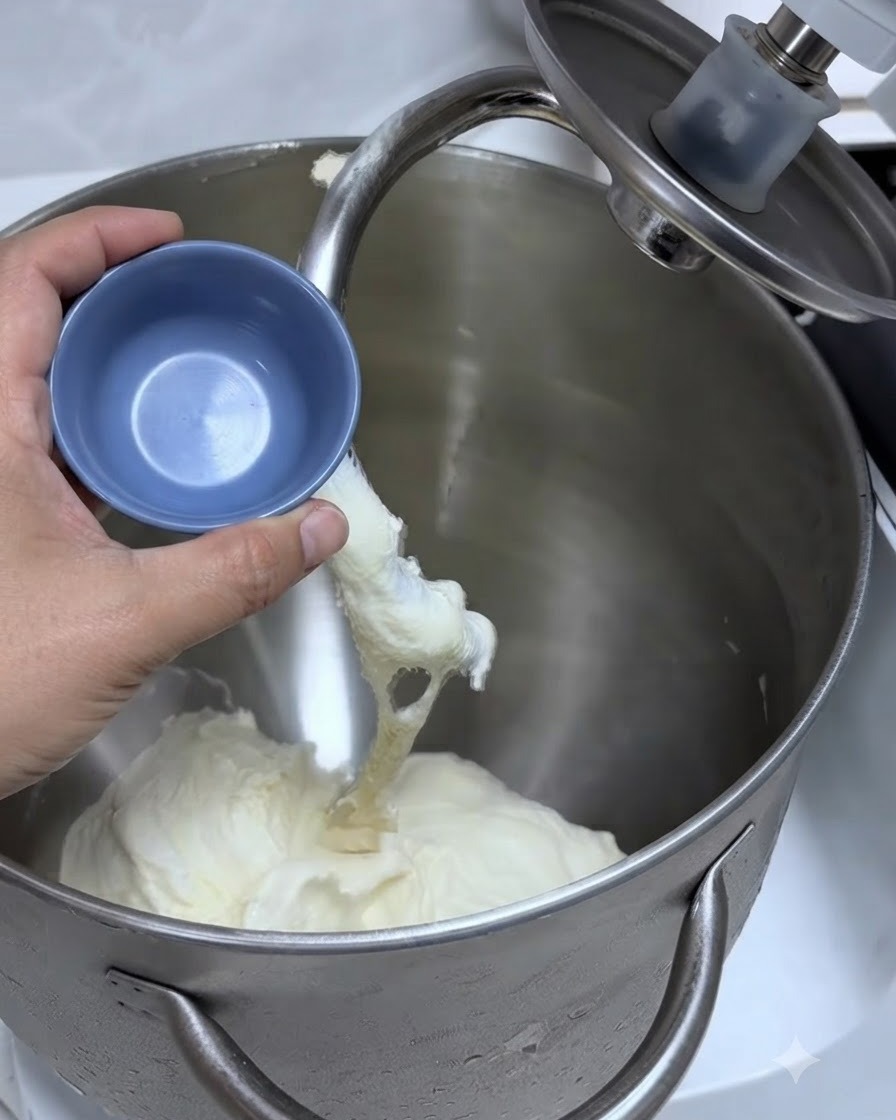 Salz und Öl werden aus einer kleinen Schüssel in den Teig der Küchenmaschine gegeben.