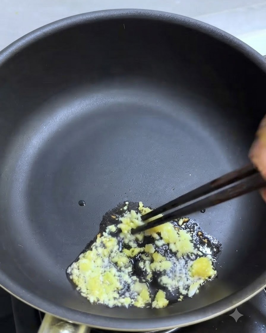 Gehackter Knoblauch wird mit Stäbchen in einer Pfanne mit Öl angebraten.