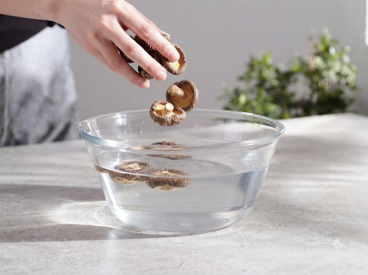 Getrocknete Shiitake- und Teebaum-Pilze weichen in einer Glasschüssel mit Wasser ein.