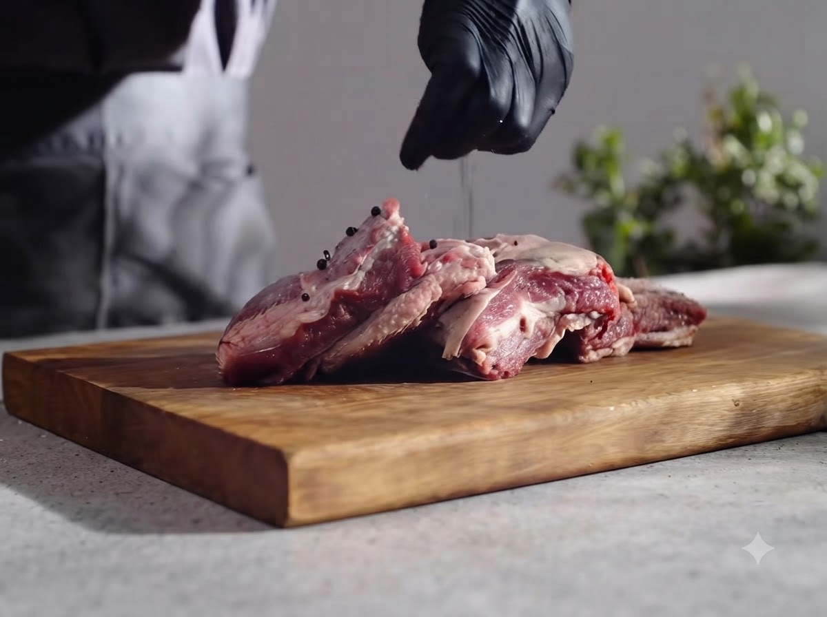 Schwarze Pfefferkörner und Knoblauch werden auf rohe Rinderrippchen gestreut.