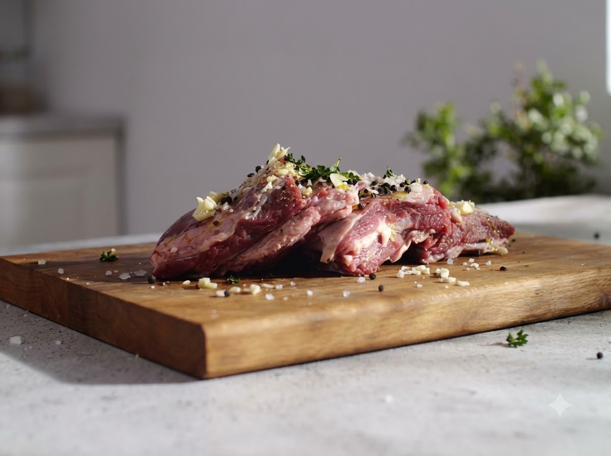 Rohe Rinderrippchen, bedeckt mit Knoblauch, Kräutern und Gewürzen, ruhen auf einem Schneidebrett.
